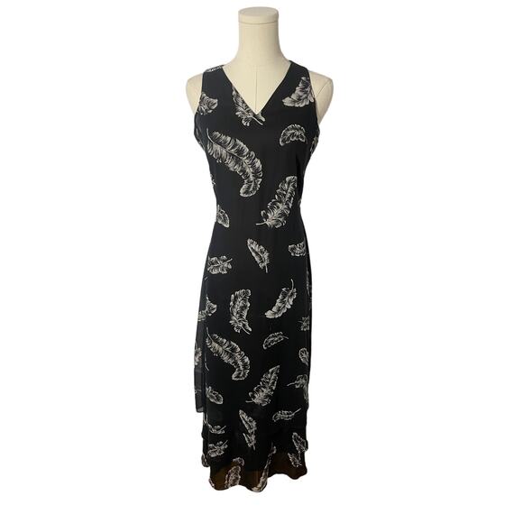 Vintage 90s 100% Silk Midi Length Dress Black + Feathers SMALL - Picture 2 of 9